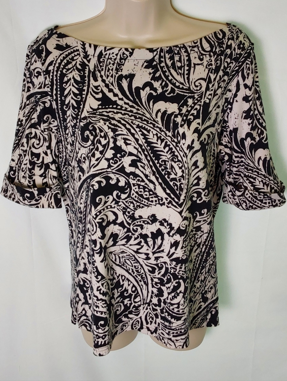 Ralph Lauren Black and White Paisley Boatneck Short Sleeve Top